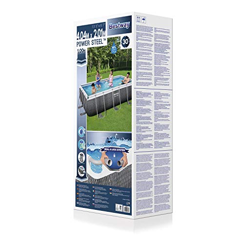 Piscina rectangular, Power Steel Deluxe Frame Pool estructura de acero y aspecto ratán gris, 404 x 201 x 100 cm 【7200 litros】. Packaging. 56721 Bestway | maxjardin
