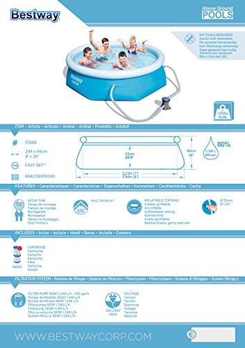 Ficha de la Piscina Desmontable Autoportante Fast Set 244x66 cm con Depuradora de cartucho de 1.249 litros/hora 【2.100 litros】57268. Bestway