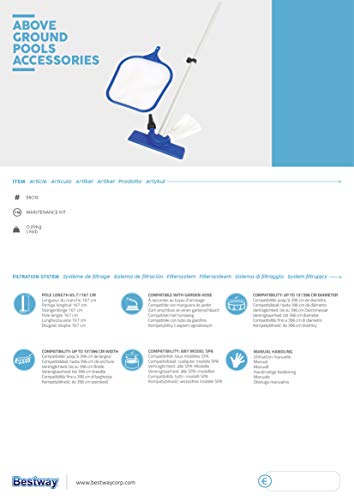 Ficha del Kit de Limpieza de Piscinas, aspirador, Recogehojas y Pértiga 174 cm. 58013. Bestway
