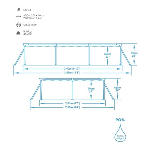 Piscina Desmontable Tubular, Azul de 3.500 litros. Medidas: 300x201x66 cm. Bestway Steel ProPool Media - detalle - medidas