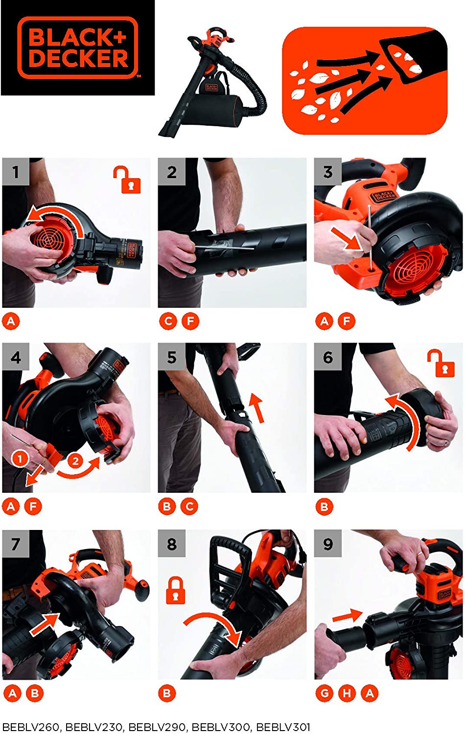 Secuencia de cambio de Aspirador a soplador triturador de hojas, 2500W, 310 Km/h. BLACK+DECKER GW2500-QS