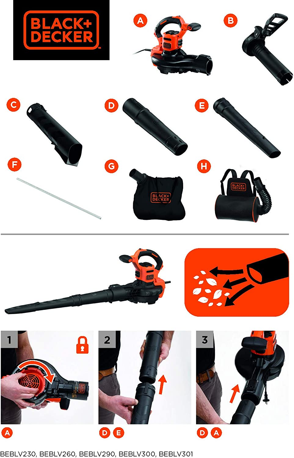 Set de producto con piezas y cambio de boquilla del Aspirador soplador triturador de hojas, 2500W, 310 Km/h. BLACK+DECKER GW2500-QS