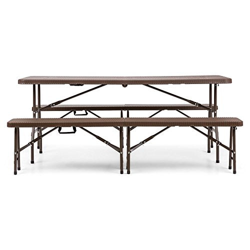 Conjunto de Muebles para Carpa de jardín, Juego de 2 Bancos y Mesa, 8-10 Personas, HDPE, Estructura Acero, Resistente Exteriores, Cierres de Seguridad, Marrón. Vista de conjunto frontal. Blumfeldt Burgos Set Edition