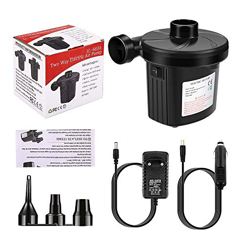 Bomba de Aire Portátil para Inflar/Desinflar Bote Inflable, Colchón de Aire, Juguetes Hinchable, con 3 Boquillas,230V AC / 12V DC. Vista general del set y packaging. Awroutdoor | maxjardin