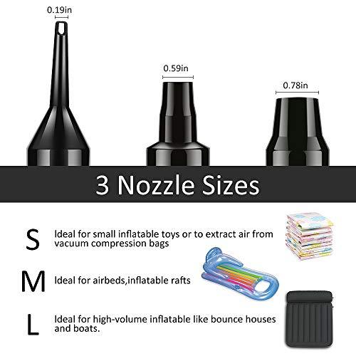 Bomba de Aire Portátil para Inflar/Desinflar Bote Inflable, Colchón de Aire, Juguetes Hinchable, con 3 Boquillas,230V AC / 12V DC. Descripción de los 3 tamaños de boquillas. Awroutdoor | maxjardin