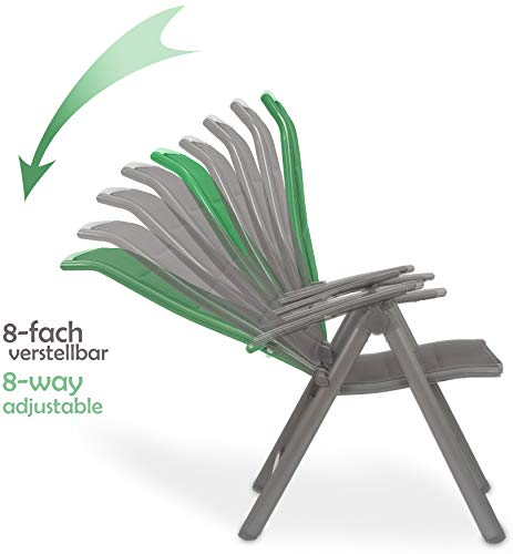 Conjunto de 4 sillas de Jardín Milano + 1 Mesa Redonda de Cristal 70 cm de Diámetro Todo plegable. Aluminio - Resistente a la Intemperie - Gris. Detalle 8 posiciones del respaldo. BRUBAKER