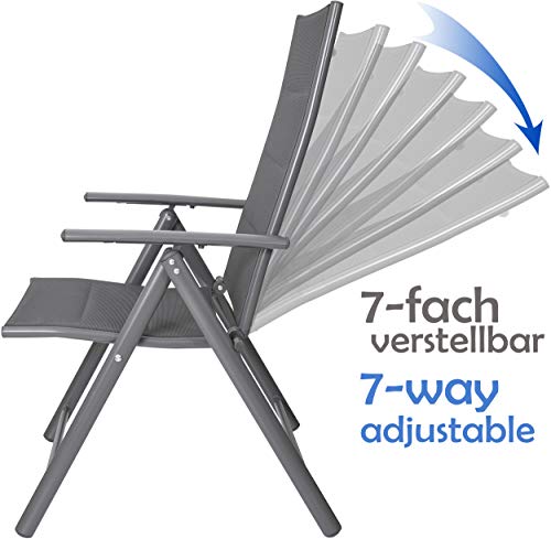 7 posiciones del respaldo del Juego x2 Sillas Jardín Riva con Respaldo Alto Regulable Plegable en 7 Posiciones Resistentes a la Intemperie Gris Plateado. BRUBAKER