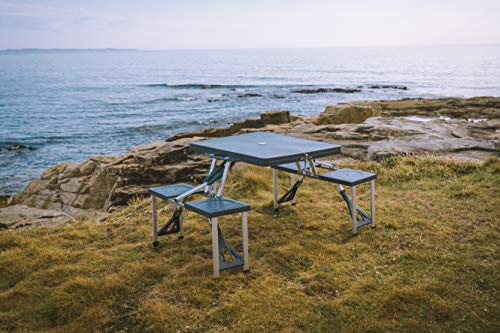Picnic junto al mar con Mesa con 4 asientos plegable de aluminio en maleta para acampada, color gris. Cao