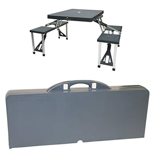 Vista plegada y desplegada de la Mesa con 4 asientos plegable de aluminio en maleta para acampada, color gris. Cao