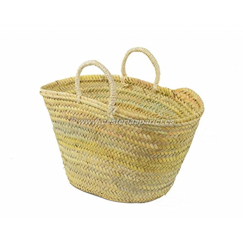Capazo de palma natural con asas de pita de 55x28x35 cm. Detalle. Hecho en España por Cesterías Aparici