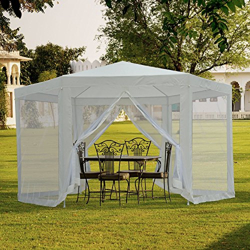 Carpa Hexagonal con Mosquitera φ3.9m Poliéster Repelente al Agua, Color Crema. Vista en jardín. Outsunny