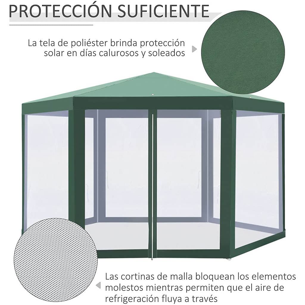 Carpa Hexagonal con Mosquitera φ3.9m Poliéster Repelente al Agua, Color Verde. Protección con materiales de primera. Outsunny