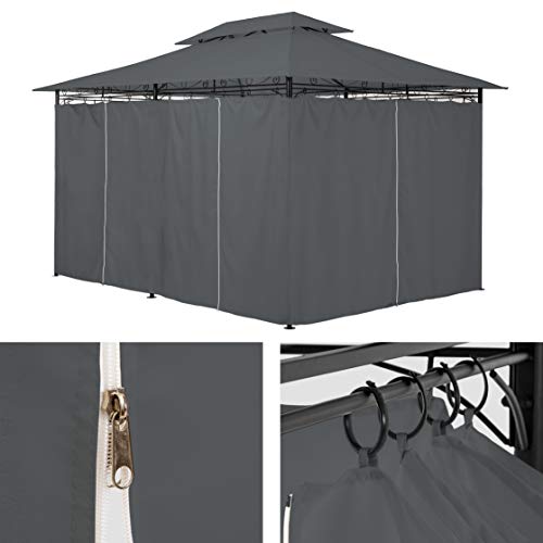 Carpa 3x4m, Impermeable y Protección UV, Paneles Laterales, color Antracita. Vista con cortinas cerradas y detalles. de cremallera y anillas. TecTake
