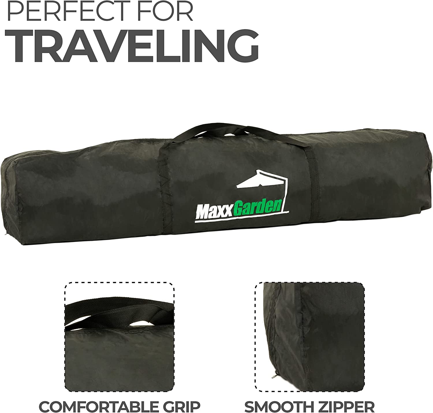 Carpa plegable 3x3 m, para playa y jardín con estructura metálica. Protección UV 50+, Impermeable. Bolsa de Transporte. Bolsa de transporte con características. MaxxGarden