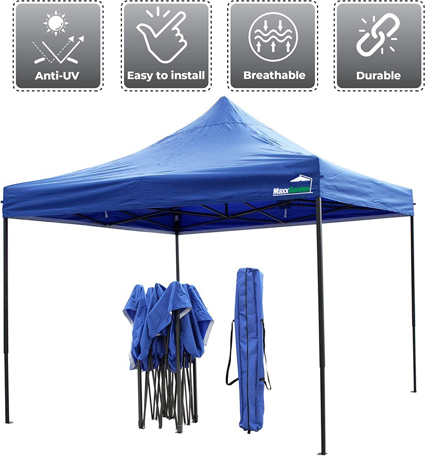 Carpa plegable 3x3 m, para playa y jardín con estructura metálica. Protección UV 50+, Impermeable. Bolsa de Transporte. Características. MaxxGarden