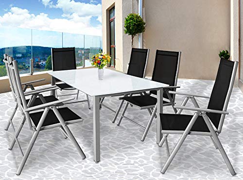 Conjunto de 1 Mesa y 6 sillas de Aluminio de Patio terraza o balcón, Respaldo reclinable. Vista de conjunto en terraza. Bern. Casaria