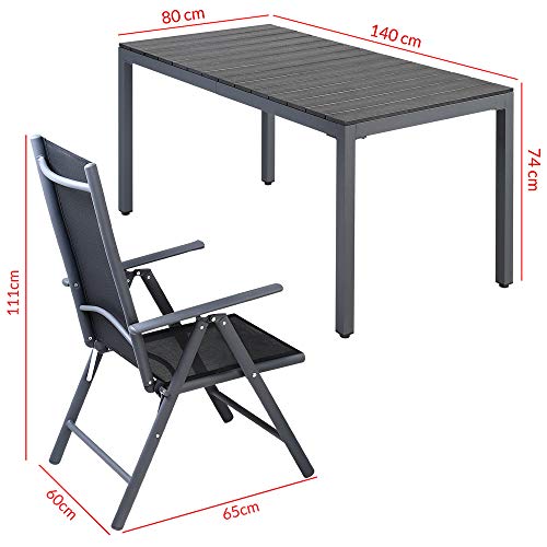 Medidas del Conjunto de jardín Negro Juego de 4 sillas plegables de aluminio y 1 Mesa. Bern. Casaria