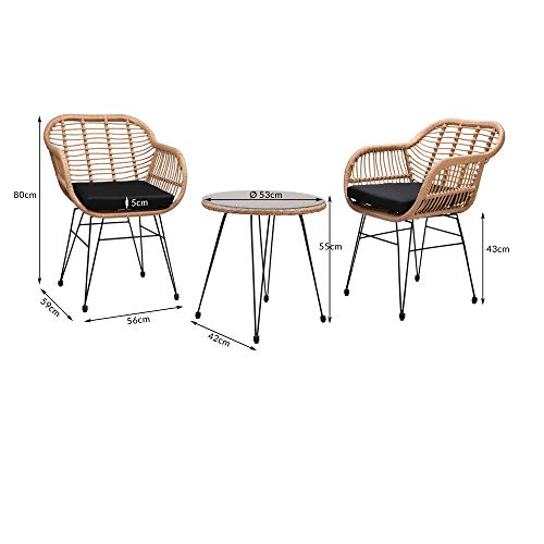 Conjunto de jardín BALI: 1 mesa y 2 sillas de mimbre para interior exterior jardín balcón terraza. Medidas. Casaria