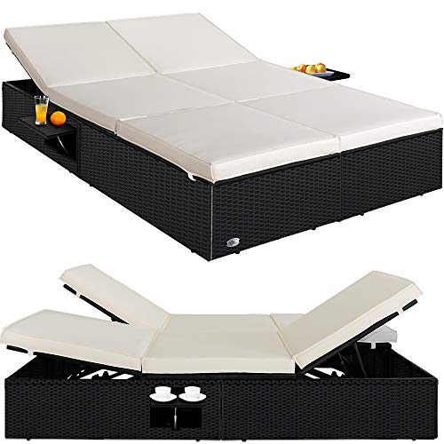 Tumbona doble Casaria de poliratán negro con cojines y mesas plegables, respaldo reclinable ambos lados