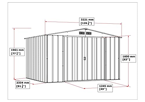Detalle de medidas de la caseta de Jardín ECO GANDIA 10X8 de Duramax