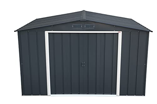 Vista frontal de la caseta de Jardín ECO GANDIA 10X8 de Duramax sobre fondo blanco