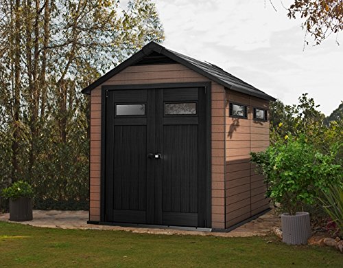 Caseta de jardín Exterior Fusion 287x229x252 cm Color marrón Keter. Vista general en ambiente de jardín.