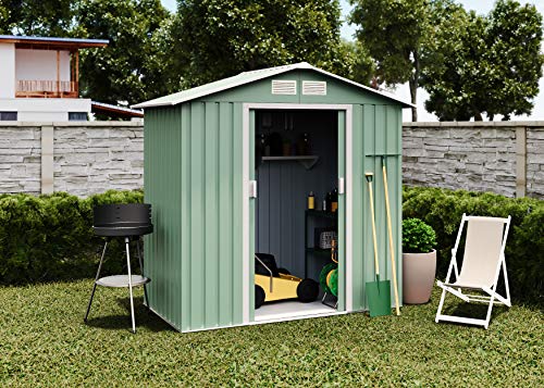 Caseta de jardín metálica Verde 2,2 m2. 194x110x188cm. Garantía 10 años. Vista en ambiente de jardín. Light Green de Wasabi.