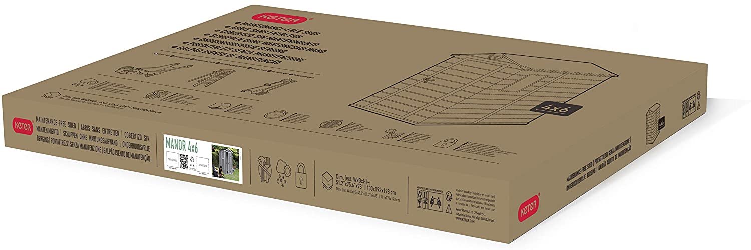 Caseta de jardín Manor 6x8. 186x237x227 cm. Cobertizo exterior. Color gris. Packaging. Keter
