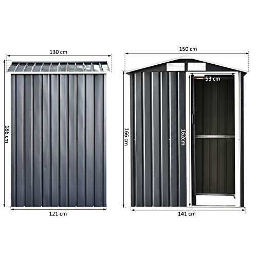 Caseta de Jardín Metálica Cobertizo para Almacenaje de Herramientas Techo Inclinado 4 Ventilaciones 150x130x186cm Gris y Blanco. Medidas. Outsunny | maxjardin