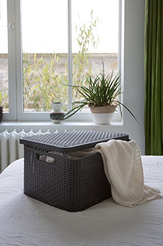 Cesta con Tapa con Efecto Mimbre de tamaño pequeño fabricado con Polipropileno Color Blanco. 20 x 29 x 14 cm. Vista en ambiente de habitación. 205840 - CURVER