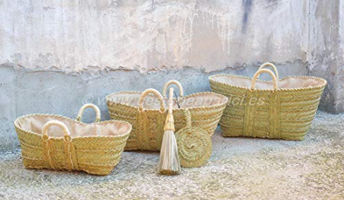 Tamaños disponibles del Leñero de esparto forrado de arpillera, yute. REGALO: escobilla y aventador (60X43X28) 7149-Mediana. Hecho en España por Cesteria Aparici