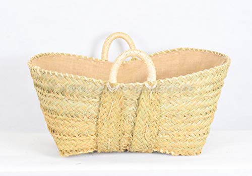 Vista de perfil del Leñero de esparto forrado de arpillera, yute. REGALO: escobilla y aventador (60X43X28) 7149-Mediana. Hecho en España por Cesteria Aparici