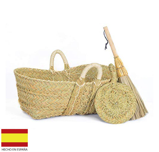 Cesto de esparto natural para leña con escobilla y abentador de 57X39X28 cm hecho en España por Cesterías Aparici