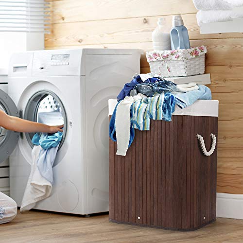 Cesto para la Colada de Bambú Cesto para Ropa Bambú 60L Cestos para la Colada con Asas Cesta para Ropa Pelegable Saco extraíble para la Ropa Sucia (Marrón Oscuro). Virklyee. Detalle ambiente cesto de ropa para la colada