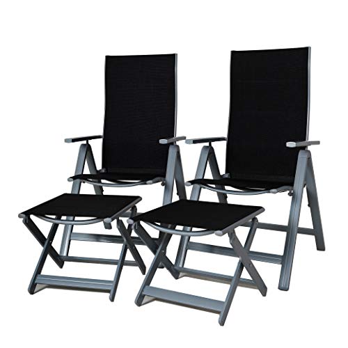 Vista de sillas con reposapiés del Juego x2 sillas plegables regulables 9 posiciones, respaldo alto (negro y plateado). Chicreat