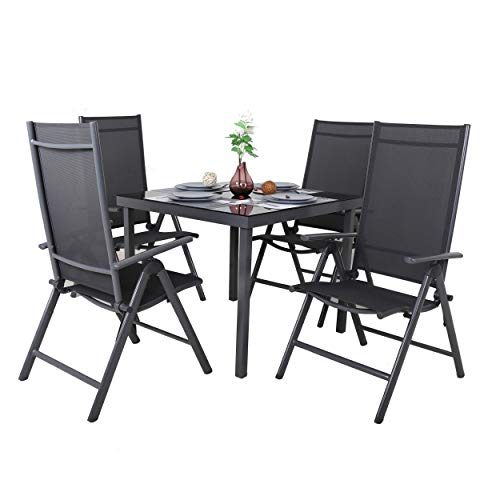 Vista del conjunto completo de 4 sillas y Mesa Korfu de aluminio gris antracita y tablero de cristal, 90 x 90 x 74 cm. Chicreat