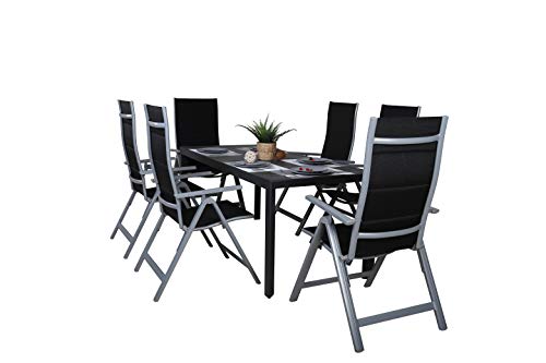 Conjunto de 6 sillas plegables y Mesa extensible de aluminio para jardín, 127-180 x 77 x 71,5 cm (Gris- Carbón). Chicreat