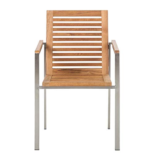 Vista frontal de las Sillas apilables de jardín de madera de teca y acero inoxidable con reposabrazos. CHICREAT