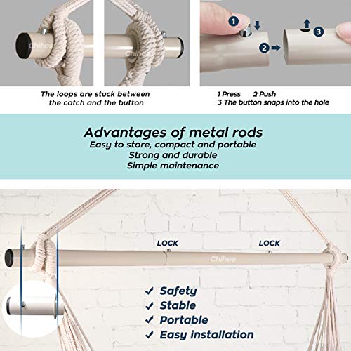 Silla Hamaca. Columpio Colgante Grande Relax Tejido de algodón para una Comodidad Borlas Elegantes Metal Fuerte Barra separadora Combinación de 3 Secciones Desmontable. Silla Chihee