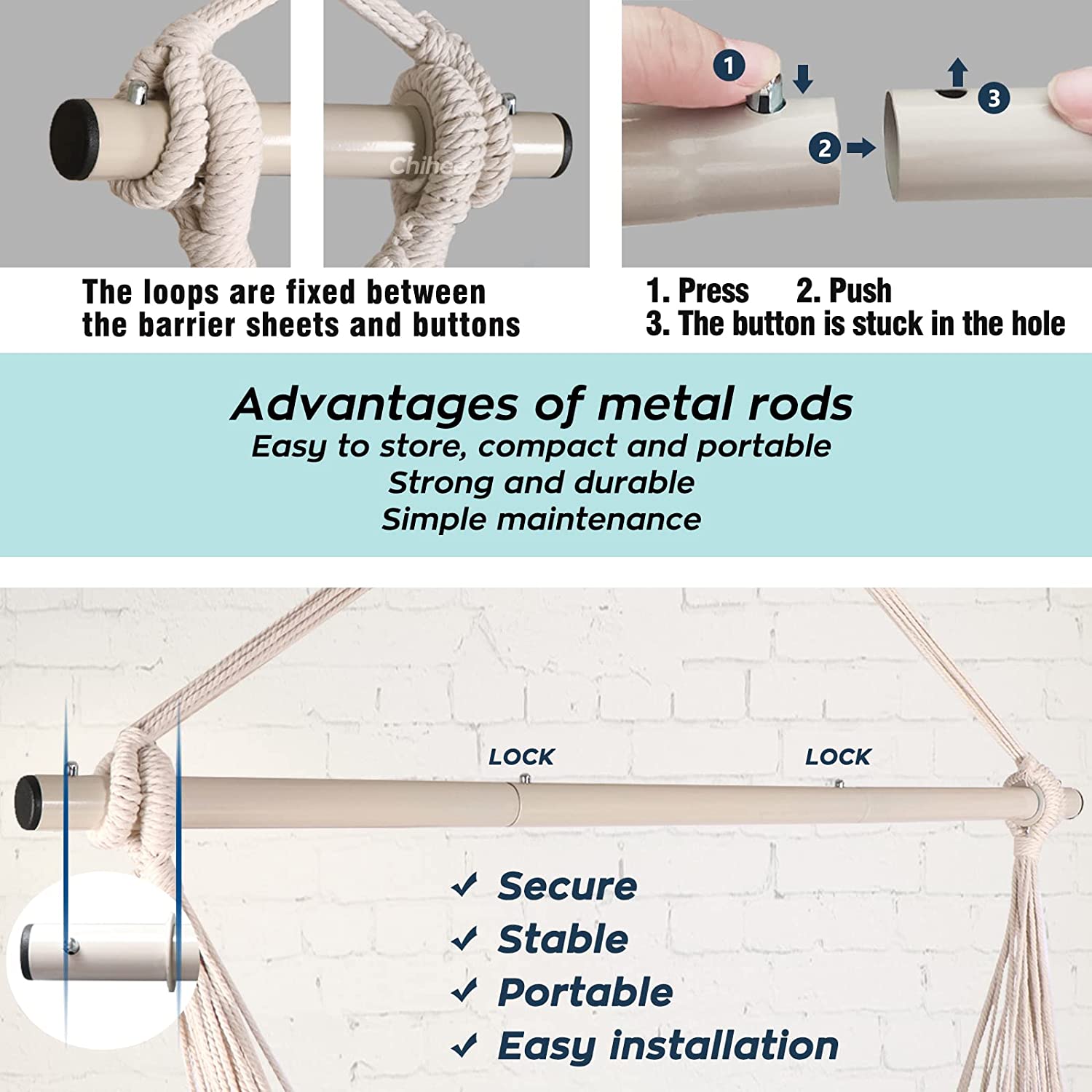 Detalles de la Silla colgante Grande para Relax hecha de algodón con Borlas Elegantes Metal Combinación de 3 Secciones Desmontable. Silla colgante Chihee