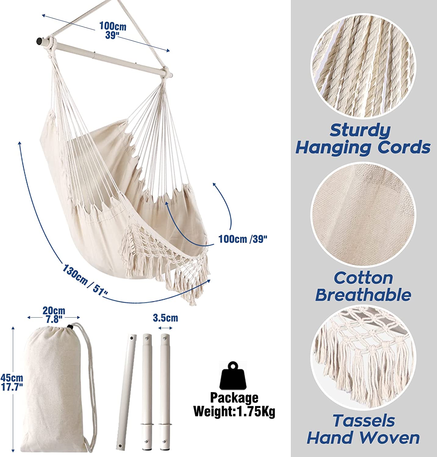 Medidas y características de la Silla colgante Grande para Relax hecha de algodón con Borlas Elegantes Metal Combinación de 3 Secciones Desmontable. Silla colgante Chihee