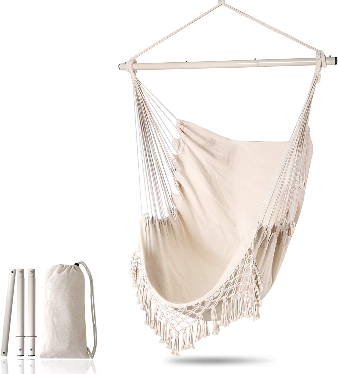 Hamaca Columpio Grande para Relax hecha de algodón con Borlas Elegantes Metal Combinación de 3 Secciones Desmontable. Silla colgante Chihee