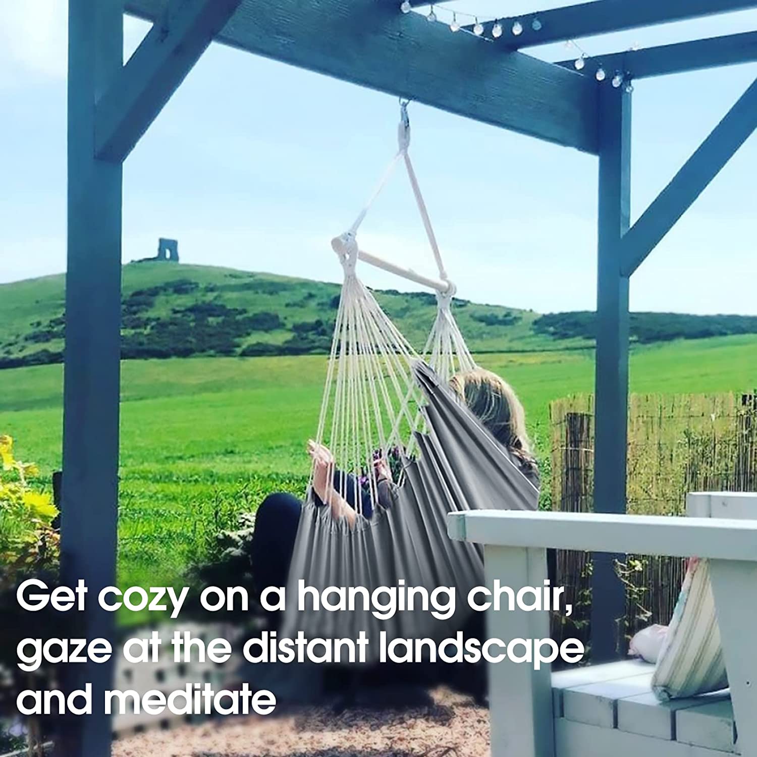 Vista en jardín con la Silla de relajación colgante de Tela de algodón muy Cómoda y gran Durabilidad para Interior o exterior de Chihee