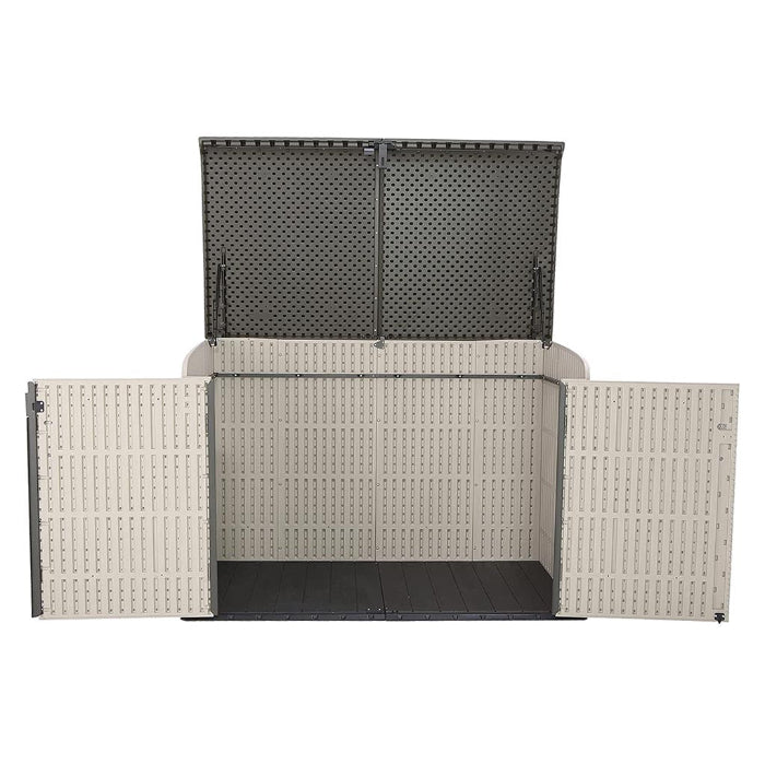 Arcón cobertizo para guardar bicicletas en el exterior ultrarresistente Lifetime 190 x 106 x 131 cm. Protección UV 100. Vista con tapa superior y puertas abiertas. 60170 LIFETIME