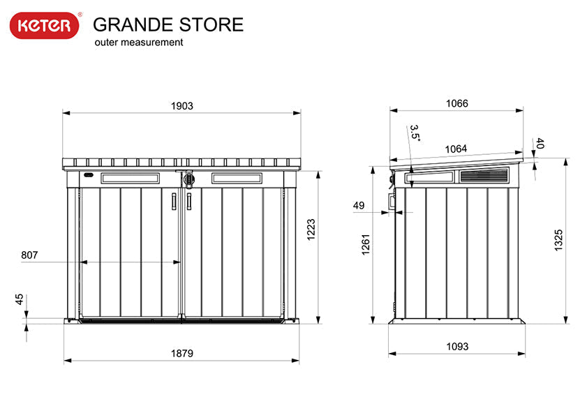 Cobertizo de jardín exterior Duotech Grande Store, 2.020 litros, Color gris. Vista general. Medidas. Keter