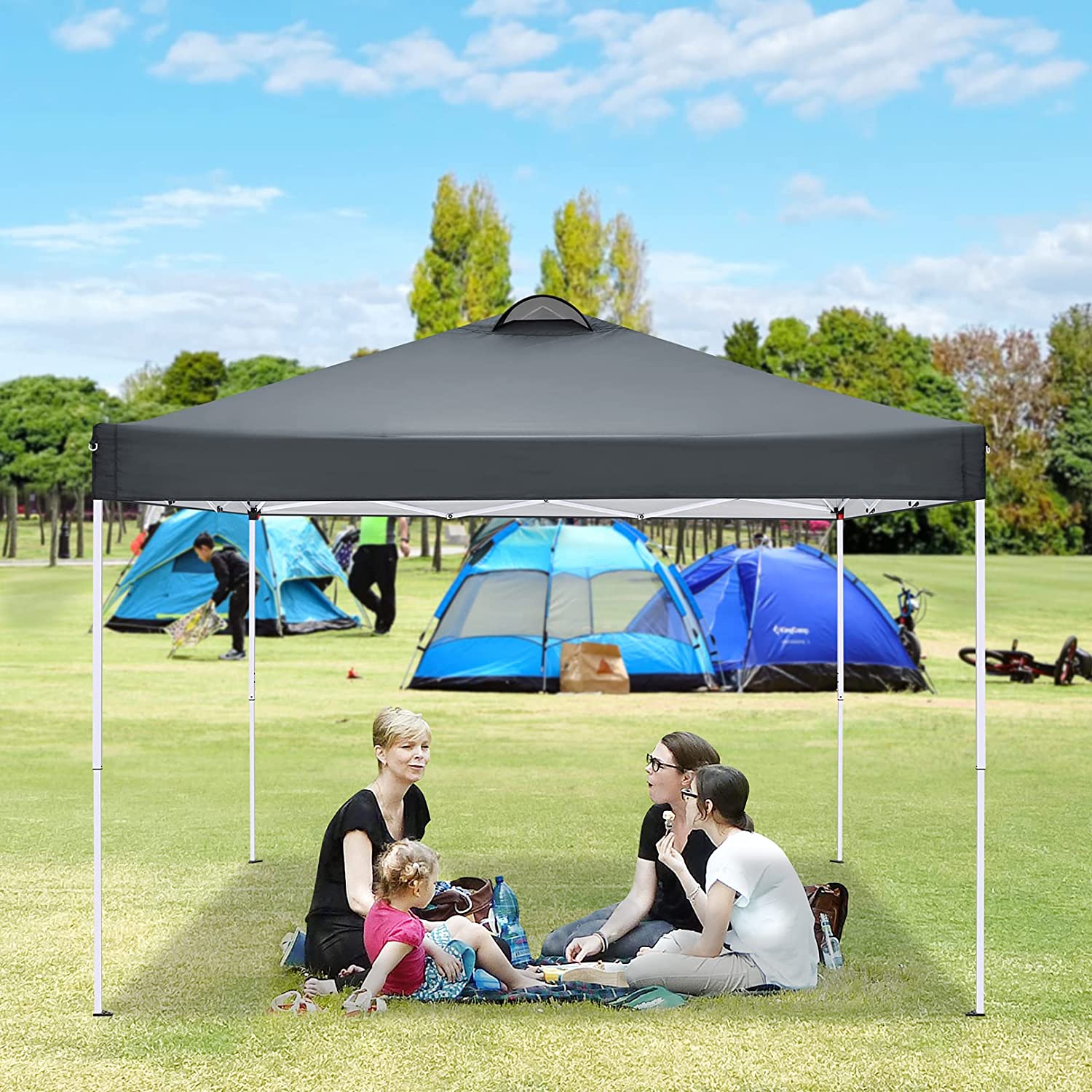 Carpa 3x3m Plegable Impermeable 4 Paredes, Protección UV 50+, Ajustable en Altura. Modelo color gris en camping o fiesta al aire libre. COBIZI