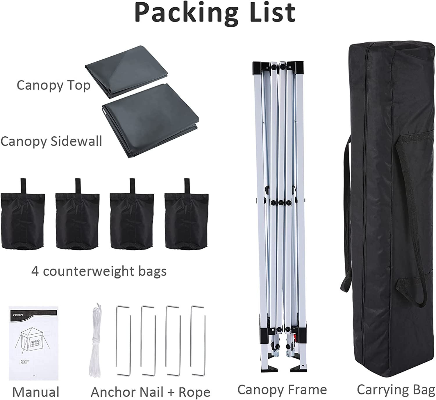 Carpa cenador3x3m Plegable Impermeable 4 Paredes, Protección UV 50+, Ajustable en Altura. Modelo en color gris oscuro. Set de producto con complementos. . COBIZI