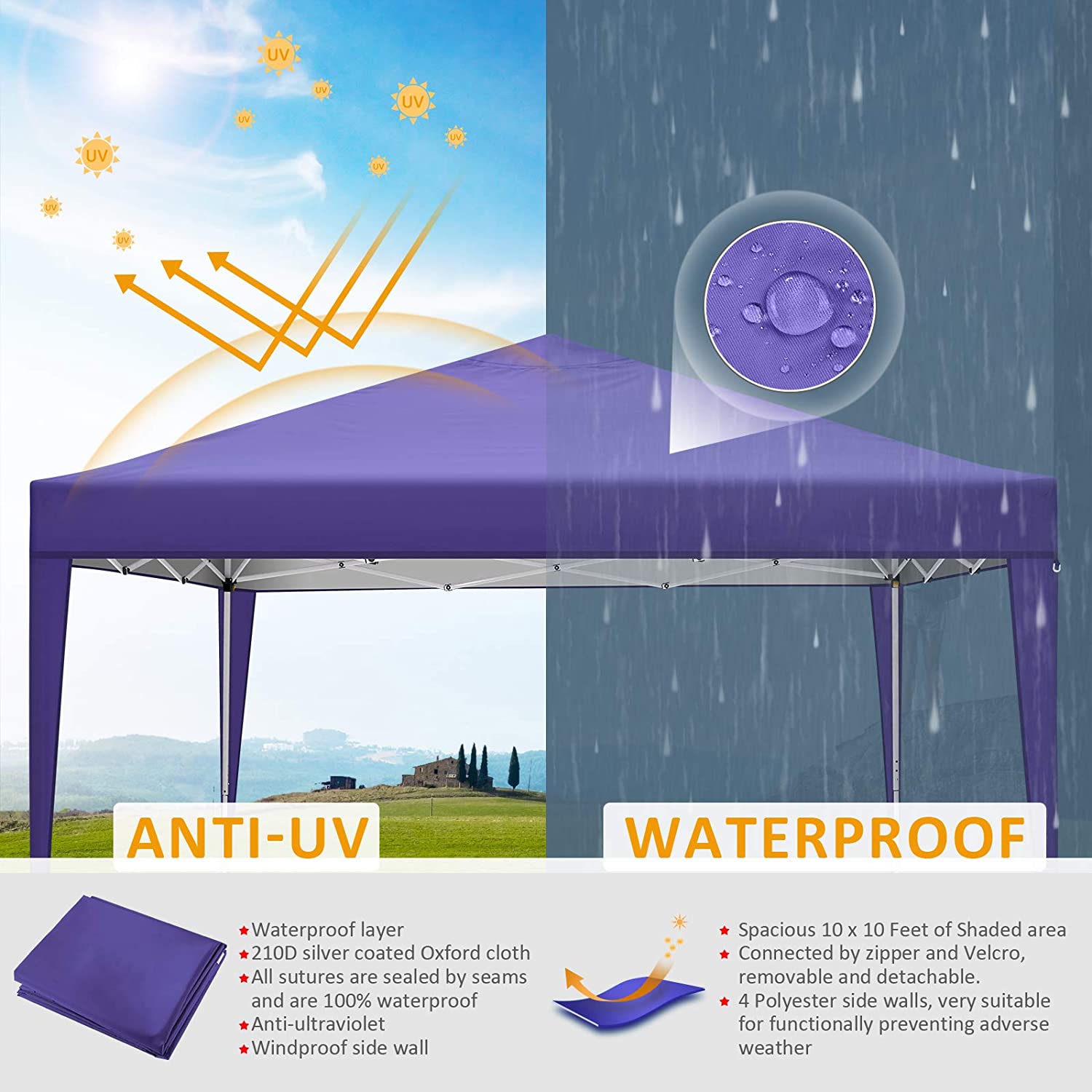 Carpa 3x3m Plegable Impermeable 4 Paredes, Protección UV 50+, Ajustable en Altura. Sencillo montaje en 3 pasos. Modelo azul. Resistente rayos UV 99 e impermeable.COBIZI
