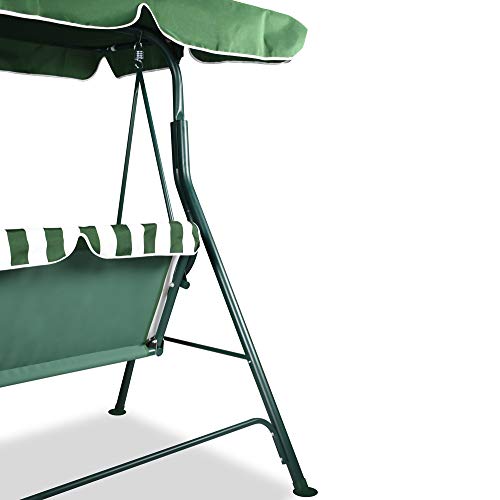 Columpio de Jardín tipo Balancín de Metal 3 Plazas con Cojín y Toldo Regulable Verde y blanco. 170X110Xh152 cm. Vista trasera. Boudech