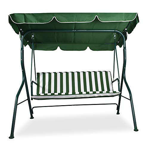 Columpio de Jardín tipo Balancín de Metal 3 Plazas con Cojín y Toldo Regulable Verde y blanco. 170X110Xh152 cm. Vista frontal. Boudech